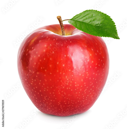 Red apple with green leaf isolated on a white background.
