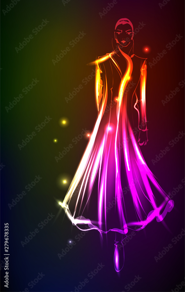 Obraz premium Hand-drawn fashion model from a neon. A light girl's. Fashion girl. Stylish fashion model. Fashion woman