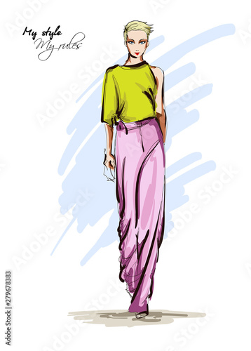 Beautiful young women in a yellow blouse and pink breeches. Hand drawn fashion girl. Fashion model posing. Sketch. Vector illustration.