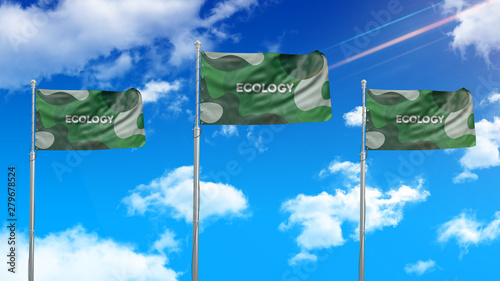 Three green flags on blue sky background. Ecology sign concept. 3d illustration