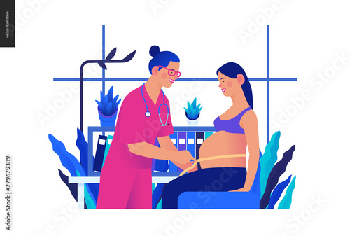 Medical insurance template -routine pregnancy cover -modern flat vector concept digital illustration of a pregnant woman at the obstetrician reception, tape measuring process, medical insurance plan