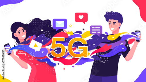 Colorful vector illustration depicting a 5G cellular network with two happy young people fast streaming dating data between their mobile phones or smartphones