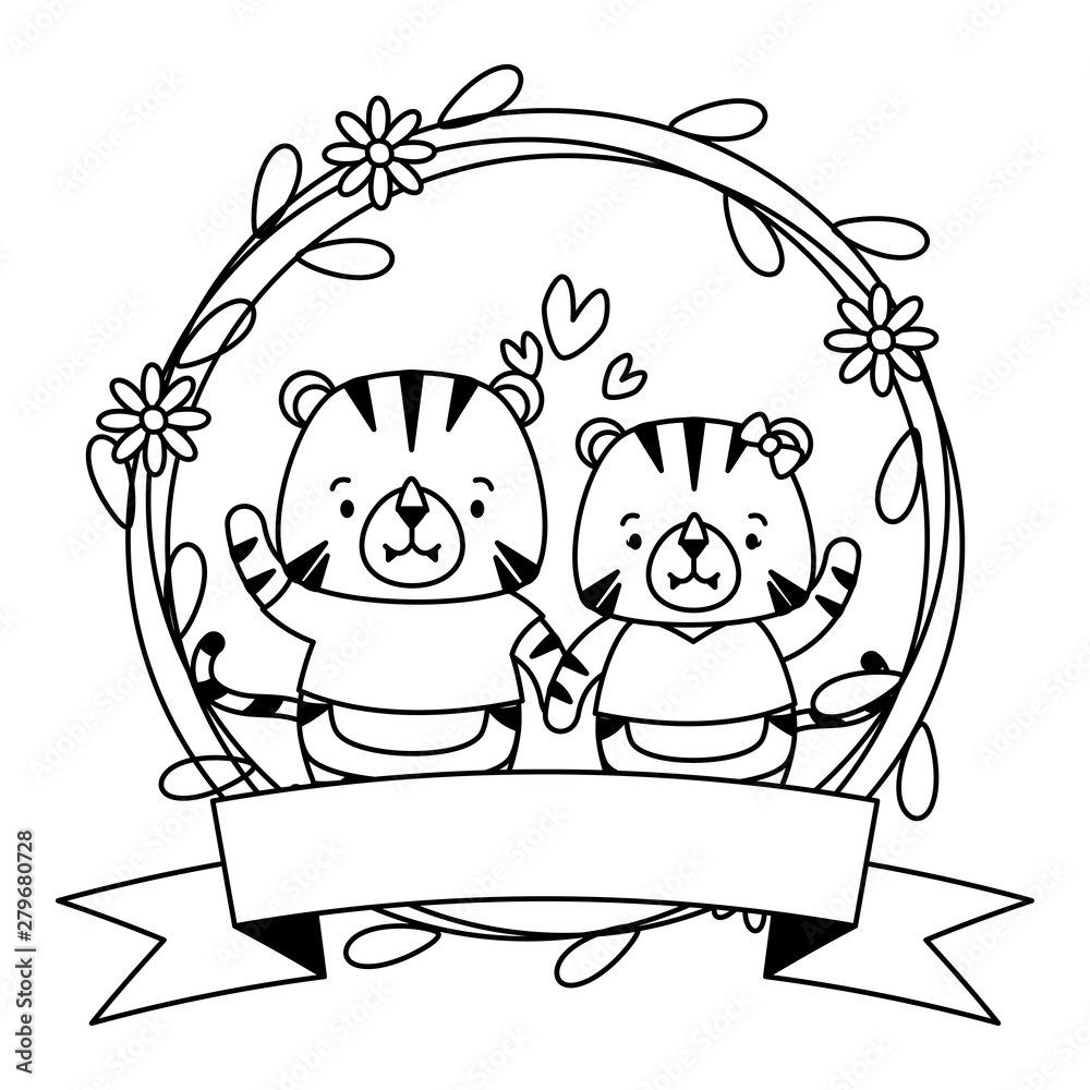 cute couple tigers animals wreath flowers cute couple tigers animals wreath flowers