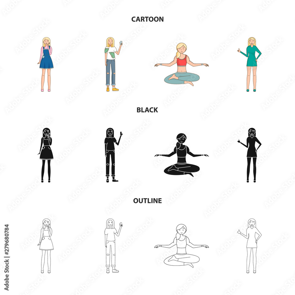 Vector illustration of posture and mood icon. Set of posture and female stock vector illustration.