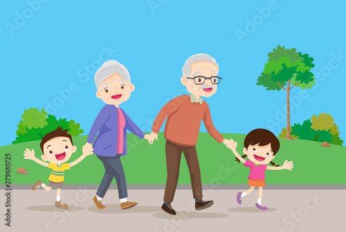 grandparents with kids are walker in the park