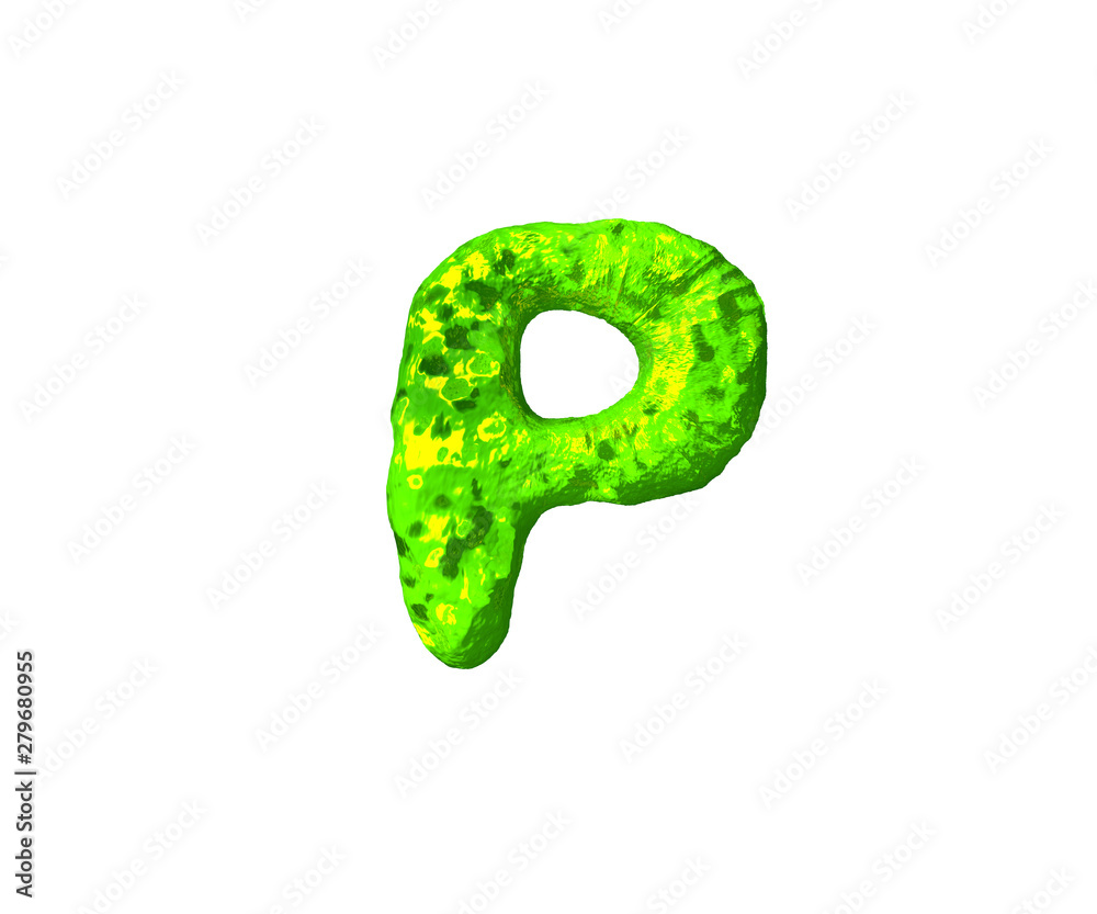letter P in monstrous style isolated on white background - green slime alphabet, 3D illustration of symbols letter P in monstrous style isolated on white background - green slime alphabet, 3D illustration of symbols
