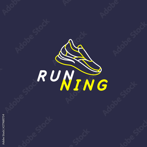 Modern emblem with the inscription sports running and images of sneaker. Vector illustration for an athletic club