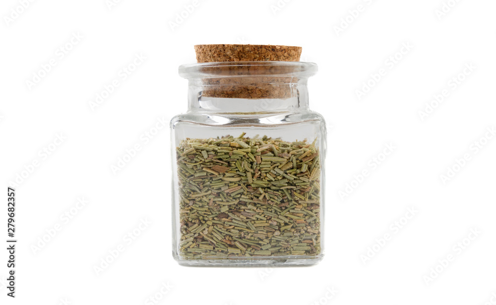 rosemary leaves in glass jar on isolated on white background. front view. spices and food ingredients. rosemary leaves in glass jar on isolated on white background. front view. spices and food ingredients.
