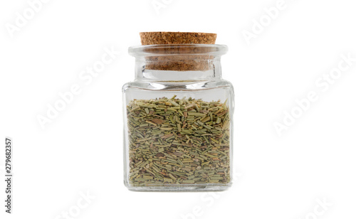 rosemary leaves in glass  jar on isolated on white background. front view. spices and food ingredients.