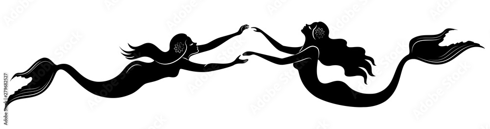 Fototapeta premium Silhouette of two mermaids. Beautiful girls swim in the water, dance. The lady is young and slim. Fantastic image of a fairy tale. Vector illustration