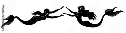 Silhouette of two mermaids. Beautiful girls swim in the water, dance. The lady is young and slim. Fantastic image of a fairy tale. Vector illustration