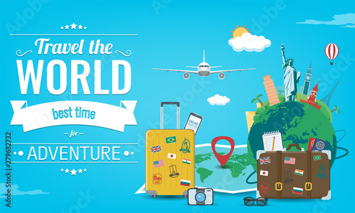 Travel composition with famous world landmarks. Travel and Tourism concept. Vector
