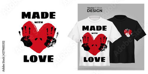 Vector t-shirt mock up set with Made with love type and red heart print. 3d realistic shirt template. Black and white boy and girl tee mockup, front view design, hand made love pattern with arm stamp