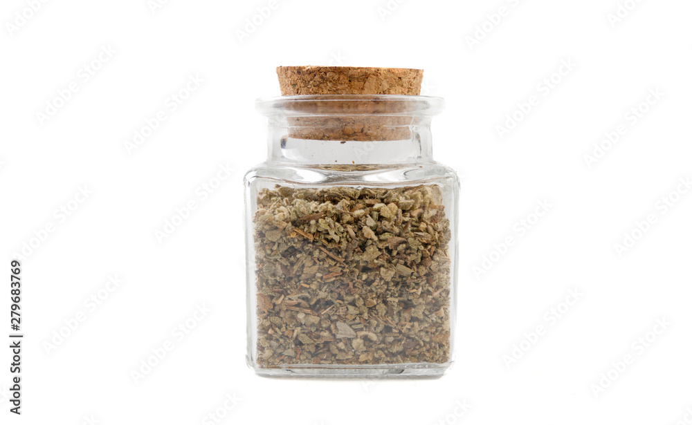salvia or sage in glass jar on isolated on white background. front view. spices and food ingredients. salvia or sage in glass jar on isolated on white background. front view. spices and food ingredients.