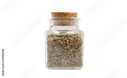 salvia or sage in glass  jar on isolated on white background. front view. spices and food ingredients.