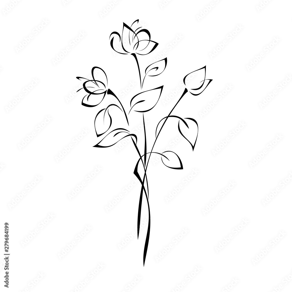 bouquet of stylized flowers on long stems with leaves in black lines on a white background bouquet of stylized flowers on long stems with leaves in black lines on a white background