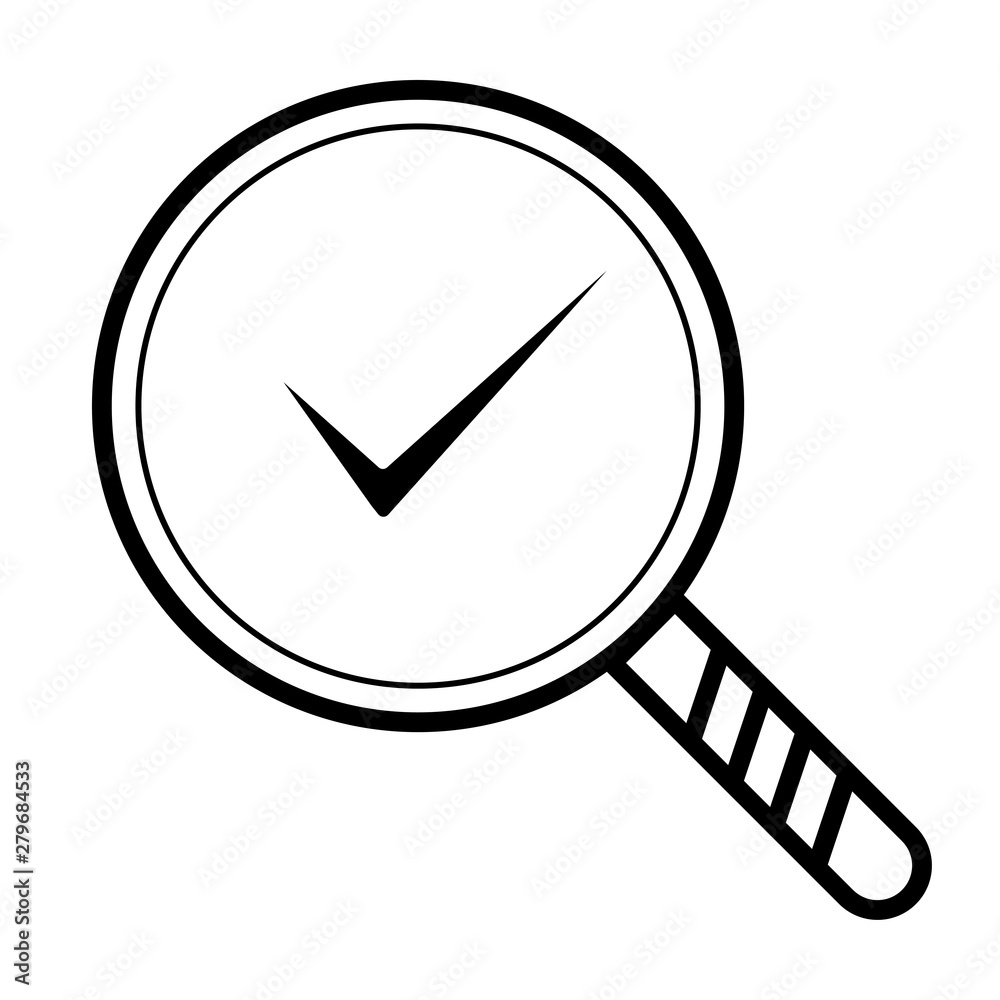 Magnifying loupe glass sign with checkmark. Outline approved and correct icon in flat style. Check tick mark as ok symbol of business process compliance concept thin line vector illustration Magnifying loupe glass sign with checkmark. Outline approved and correct icon in flat style. Check tick mark as ok symbol of business process compliance concept thin line vector illustration