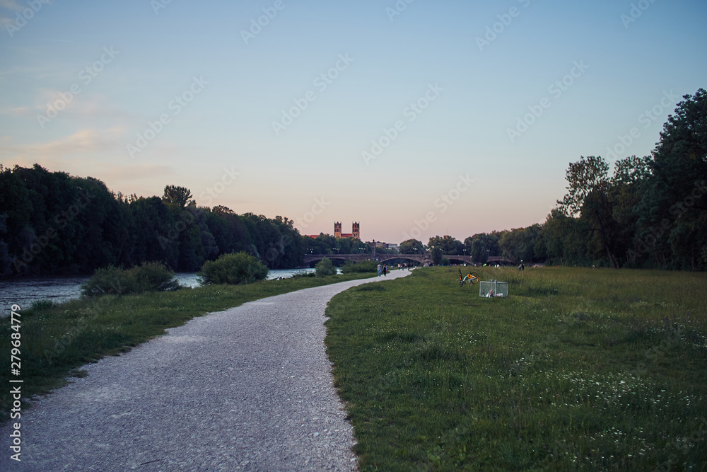 The Flaucher at the Isar in munich with Catholic Rectory St. Maximilian in Munich, Germany