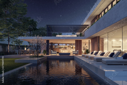 Modern house exterior design at night with swimming pool 3D Rendering