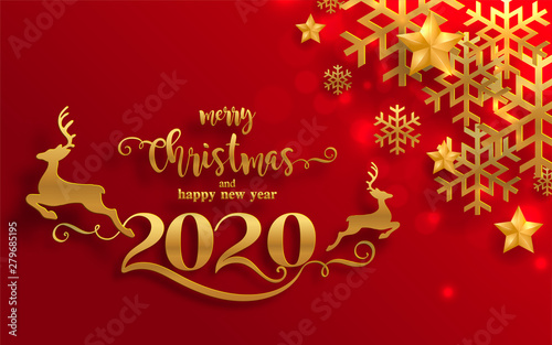 Merry christmas greetings and Happy new year 2020 templates with beautiful winter and snowfall patterned paper cut art and craft style on paper color background.