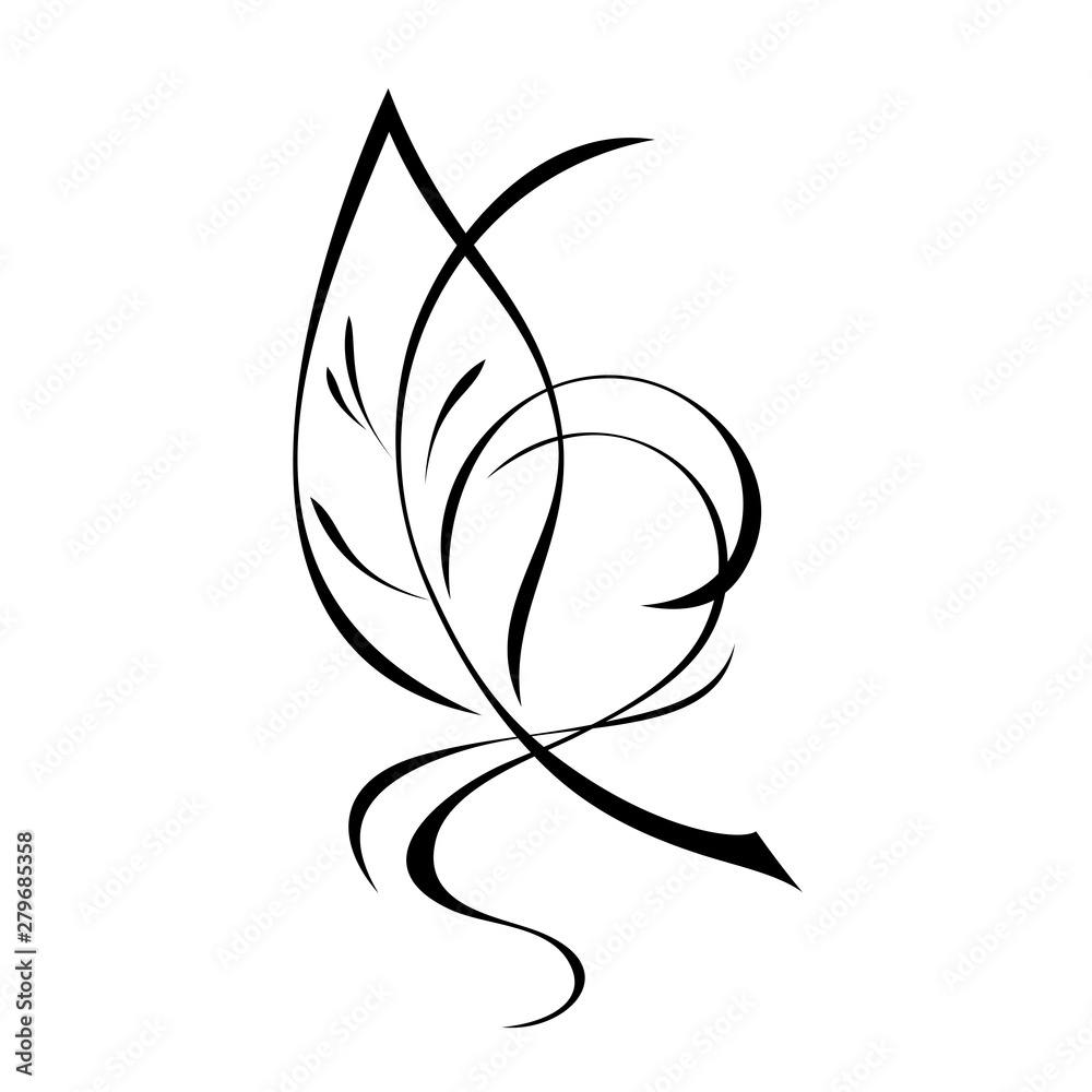 one stylized leaf with curls in black lines on a white background