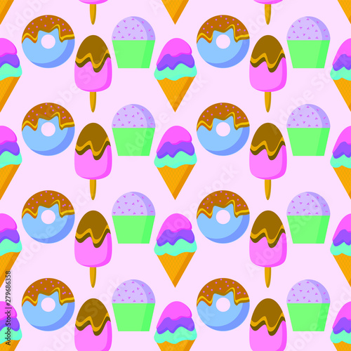 EPS 10 vector. A seamless pattern with cute ice creams, donut and cupcake.
