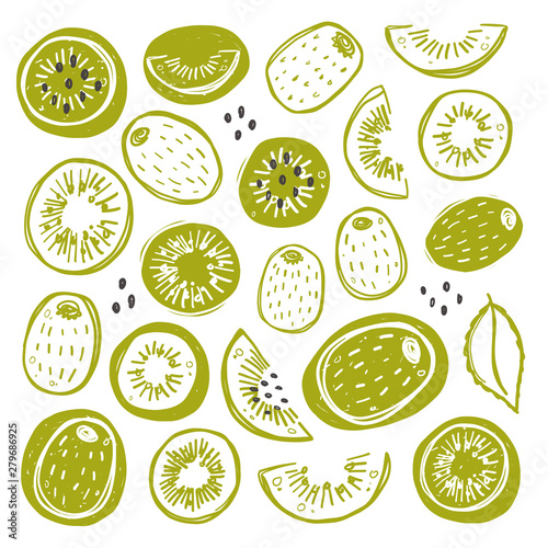Kiwi set. Whole, half, sliced, bitten fruits. Ink hand drawn vector illustration. Can be used for cafe, menu, shop, bar, restaurant, poster, sticker, logo, detox diet concept, farmers market