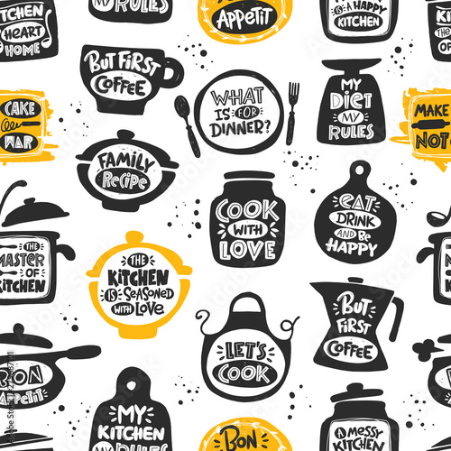 Seamless pattern with kitchen icons. Hand drawn vector illustration. Can be used for wrapping paper, fabric, farmers market, shop, cafe, food studio, menu, shop, bbq, truck, restaurant, cafe, bar