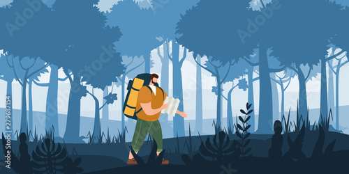 Tourist man with map and backpack performing outdoor touristic activity