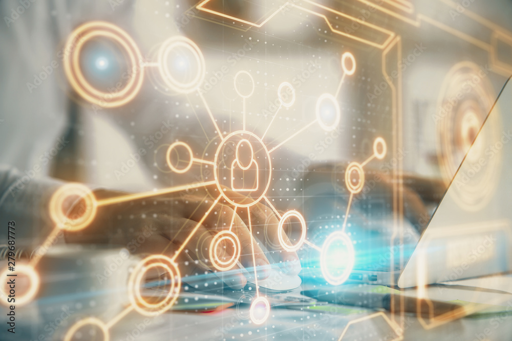 Social network theme hologram with businessman working on computer on background. Concept of world wide web. Double exposure. Social network theme hologram with businessman working on computer on background. Concept of world wide web. Double exposure.