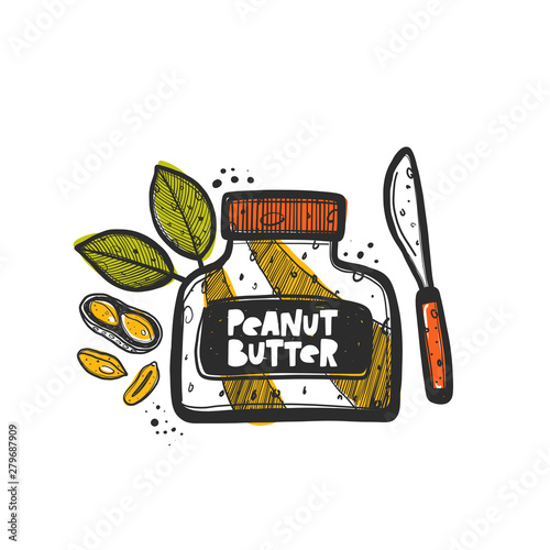 Peanut butter. Hand drawn vector illustration. Can be used for cafe, menu, shop, bar, restaurant, bakery, poster, sticker, logo, detox diet concept, farmers market