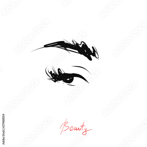 Hand-drawn woman eye with long eyelashes and eyebrow. Vector