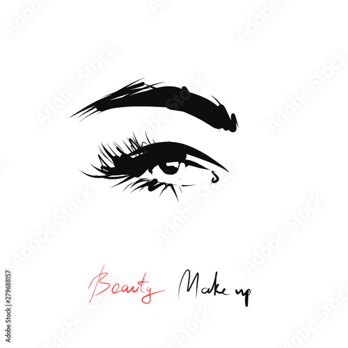 Hand-drawn woman eye with long eyelashes and eyebrow. Vector