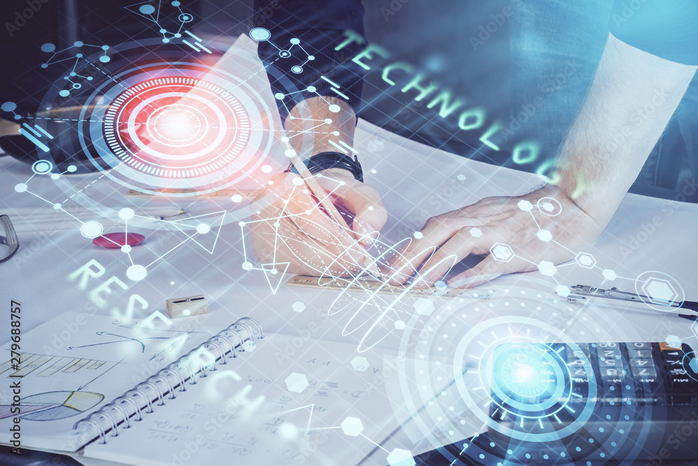Man hands with data theme double exposure icons. Man hands with data theme double exposure icons.