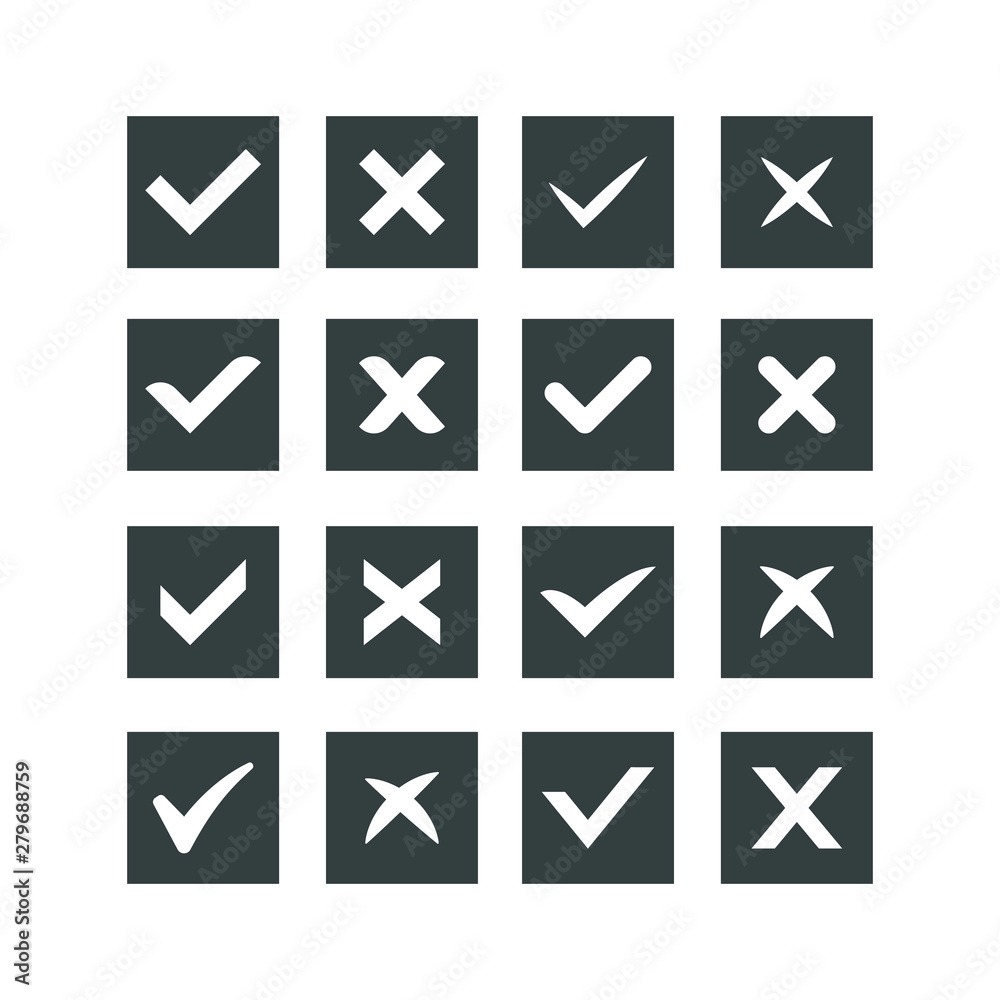 Green check mark and red cross icon set. Circle and square. Tick symbol in green color, vector illustration Green check mark and red cross icon set. Circle and square. Tick symbol in green color, vector illustration