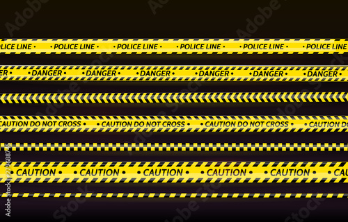 Black and yellow stripes set. Warning tapes. Danger signs. Caution,STOP,Under construction,Barricade tape, scene barrier tape. Vector flat style cartoon illustration