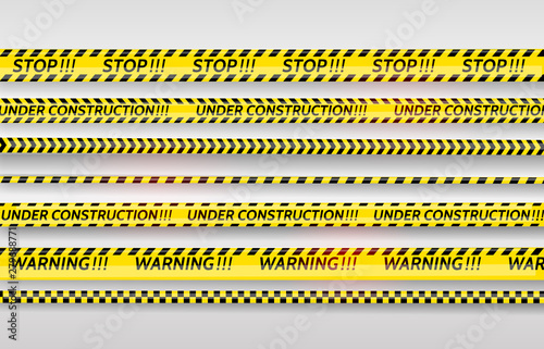 Black and yellow stripes set. Warning tapes. Danger signs. Caution,STOP,Under construction,Barricade tape, scene barrier tape. Vector flat style cartoon illustration © mariia_may