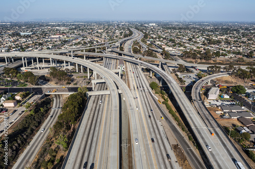 Aerial view of the 105 freeway at the 110 freeway south of downtown in Los Angeles  California.