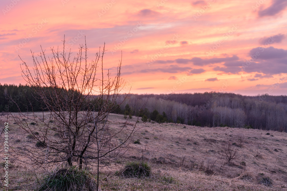 Beautiful spring landscape: sunset, trees, forest, mountains, hills, fields, meadows and sky. Gorgeous, red sky with heavy clouds at sunset. The spring. Beautiful spring landscape: sunset, trees, forest, mountains, hills, fields, meadows and sky. Gorgeous, red sky with heavy clouds at sunset. The spring.