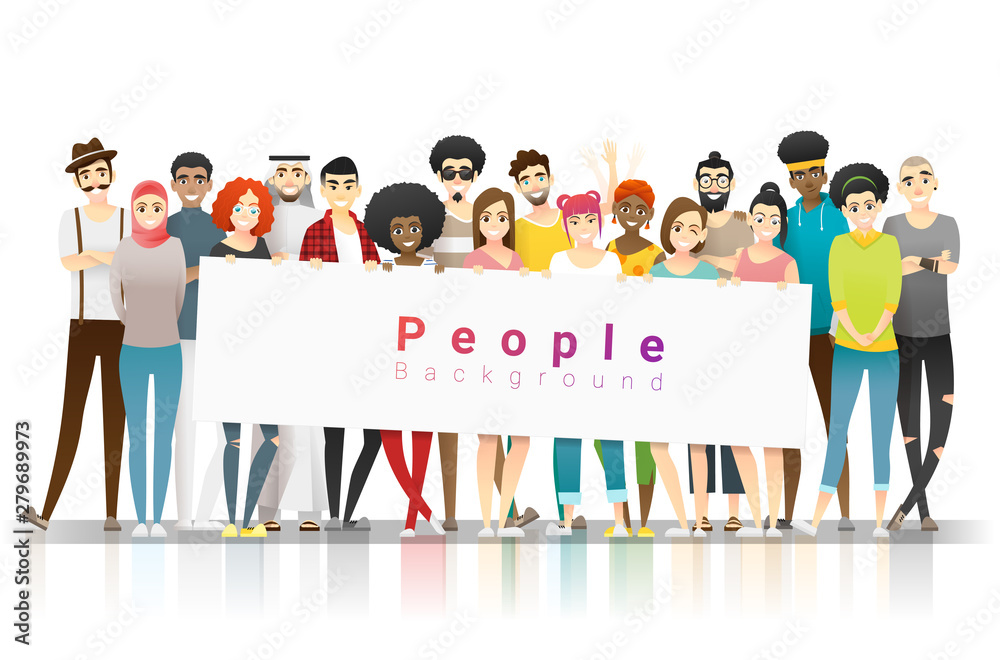 Diversity concept background , group of happy multi ethnic people standing together and holding empty banner , vector , illustration Diversity concept background , group of happy multi ethnic people standing together and holding empty banner , vector , illustration