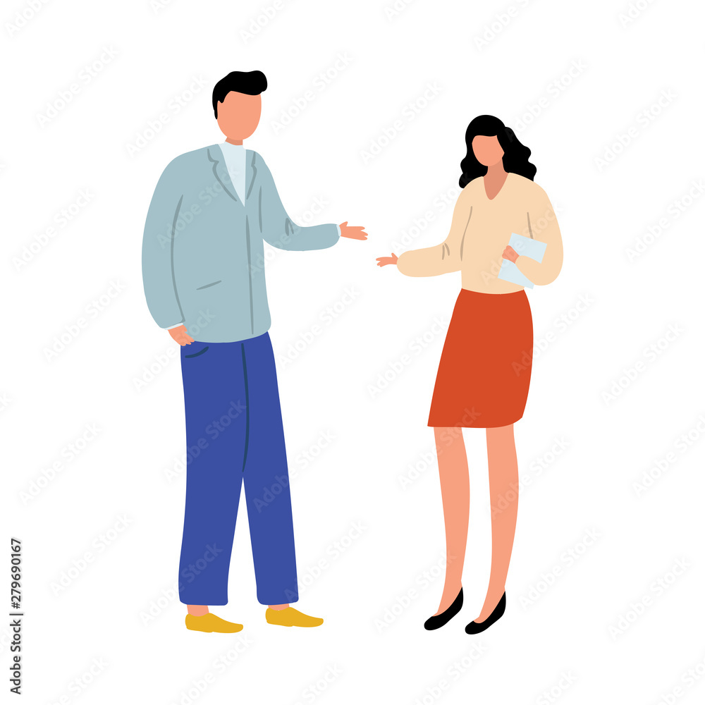Office manager woman in red skirt talking with worker Office manager woman in red skirt talking with worker