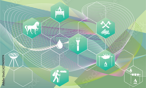 Poster with Set of travel and camping equipment icons