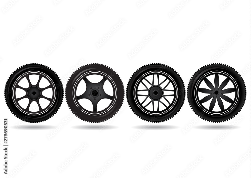 Set. Wheel icon on white background. Tire on black wheels.