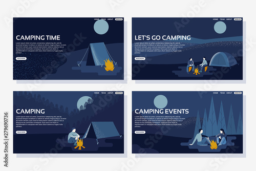 Set of camping landing page. Travel web page development. Tent in the forest, in mountains, near sea or lake at night. People talking near campfire. Flat vector illustration