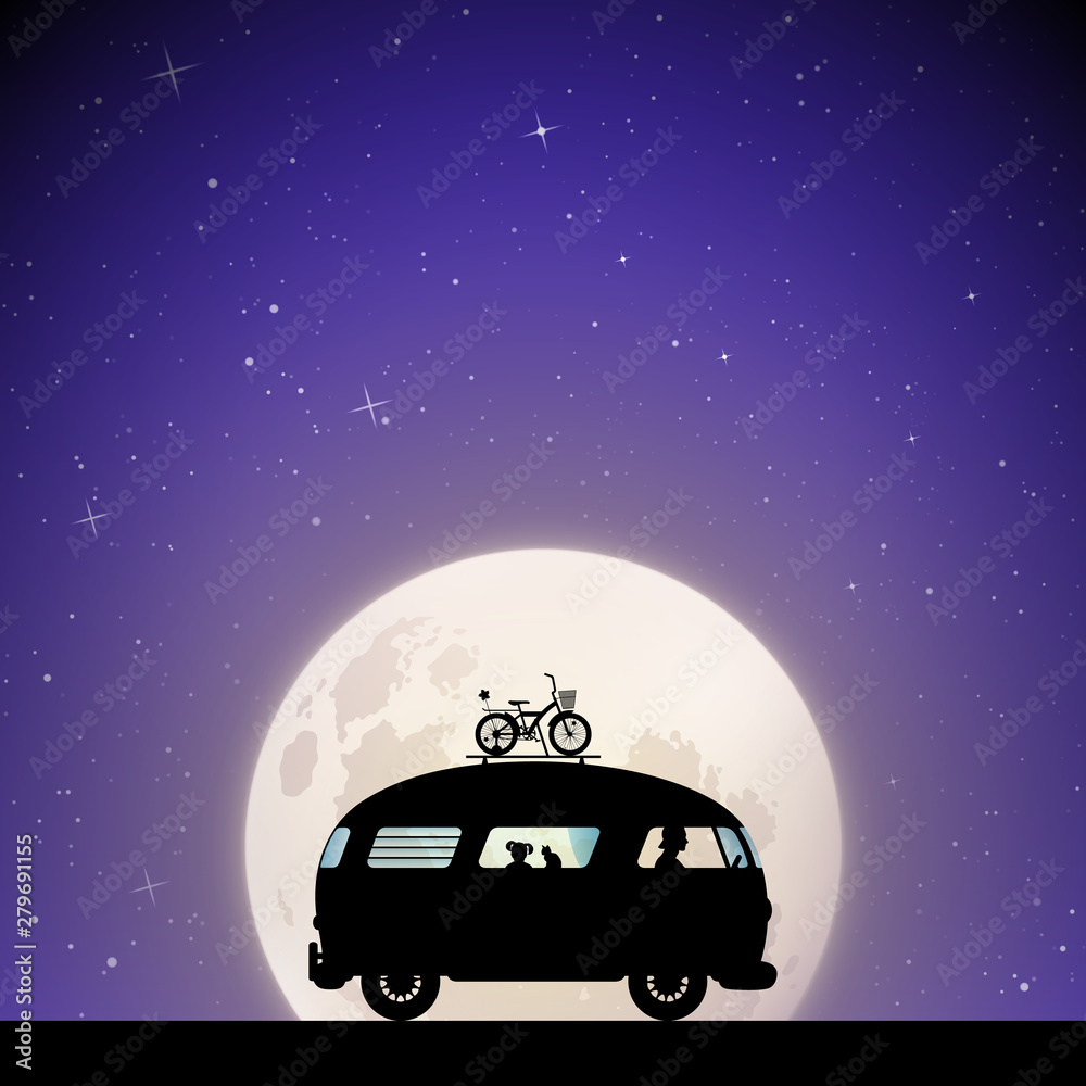 Cartoon retro car on road on moonlit night. Vector illustration with silhouettes of people and cat traveling in camper. Family road trip. Full moon in starry sky