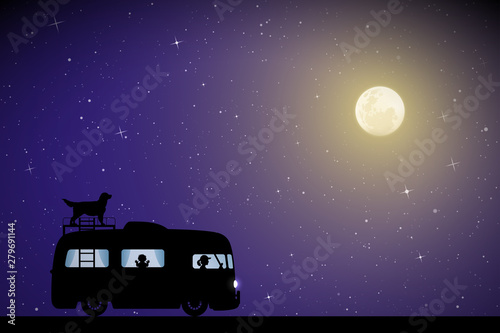 Cartoon retro car on road on moonlit night. Vector illustration with silhouettes of people and dog traveling in camper. Family road trip. Full moon in starry sky
