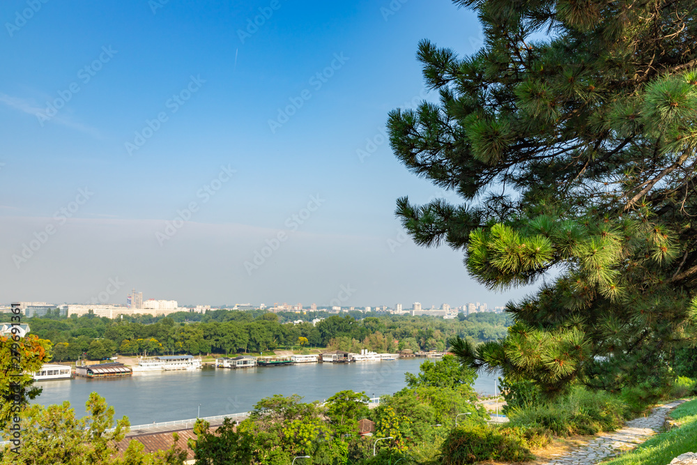 Landscape of Belgrade. Floating restaurants and night clubs are on the Sava River. Photo from Kalemegdan fortress, Serbia.