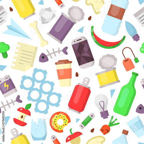 Seamless pattern with different types of waste