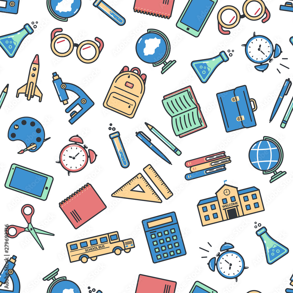 Vecteur Stock Seamless school pattern. Back to school. Colorful icons for  education on white background. | Adobe Stock