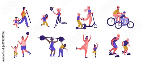 Parents and children sport activities. Cartoon active family characters playing games and spending time together. Vector illustration father, mother and kids sporting activities flat scenes